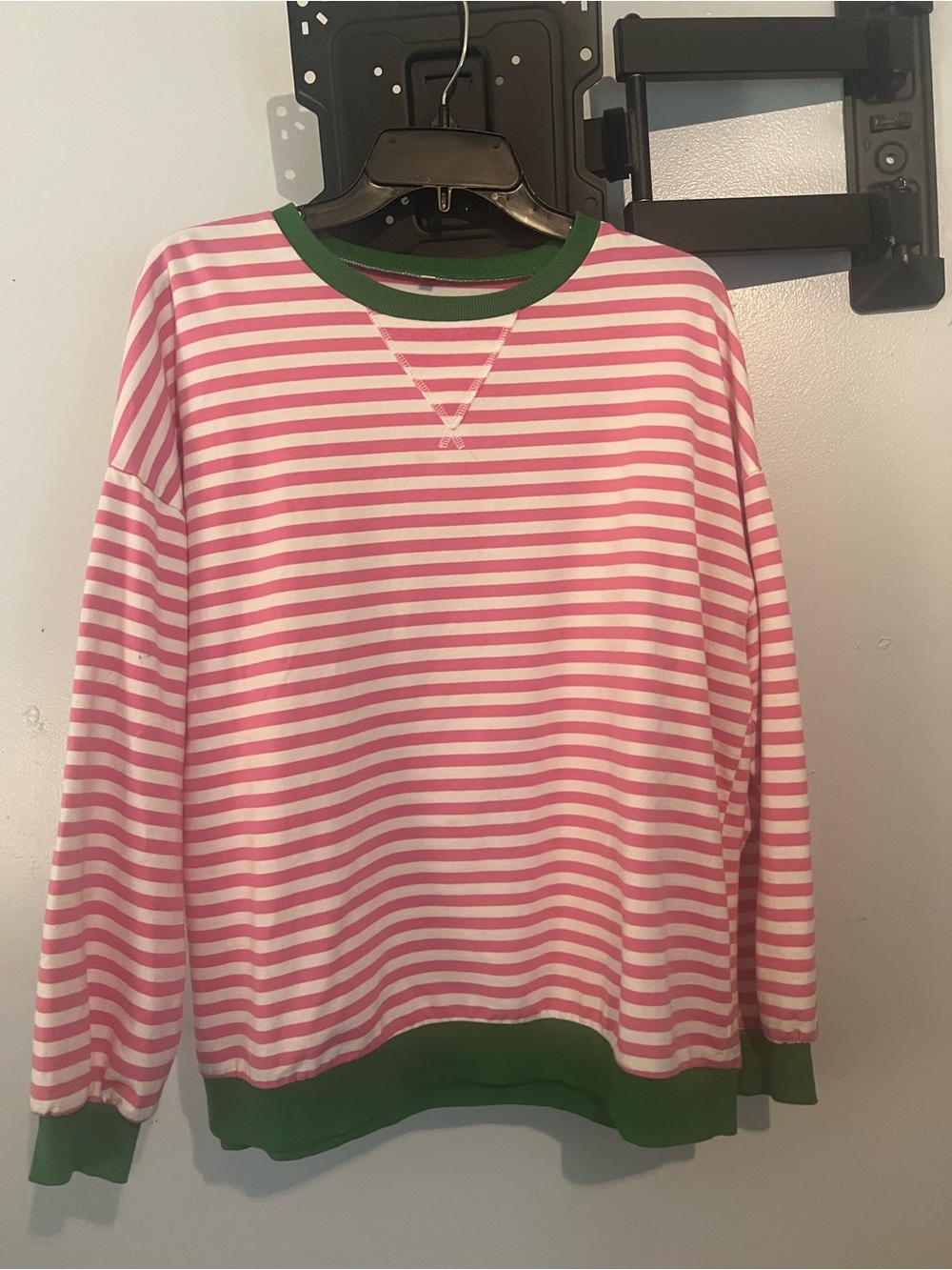Striped Pink and White Crewneck Pullover with Green Trim